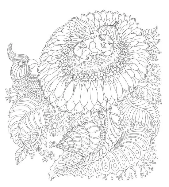 Vector illustration of Vector fantasy pixie baby with butterfly wings, chamomile flower, tropical leaves, foliage, fairy tale parrot, snail. Black and white Adults and children coloring book page