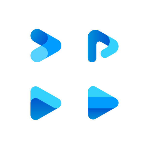 логотип кнопки blue play media - arrow sign circle arrowhead square shape stock illustrations