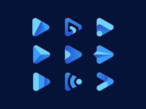 Vector illustration of blue play media button logo.
