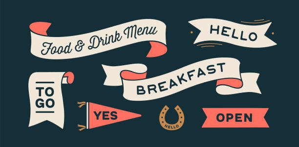 Vintage graphic set Vintage graphic set. Ribbon, flag, arrow, board with text Breakfast, Open, Yes, To Go, Hello, Menu. Set of ribbon banner and retro graphic. Isolated vintage old school set shapes. Vector Illustration breakfast borders stock illustrations