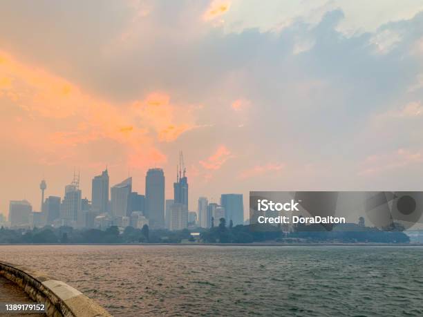 Sydney City Skyline Obscured By Smoke From Various Bushfires Across Nsw Australia Stock Photo - Download Image Now