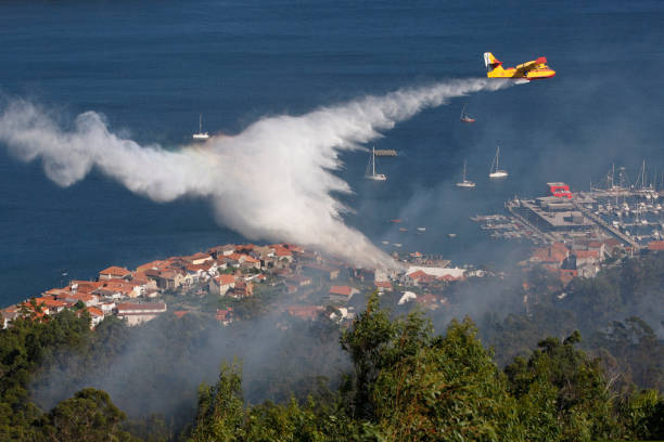 A Canadair CL-215 firefighting plane drops water on a forest fire