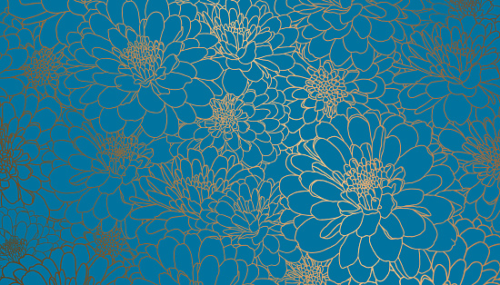 Golden chrysanthemum flowers in hand drawn line art on blue teal background. Decorative print for wallpapers, wrappings, wedding invitations, greetings, backdrops.