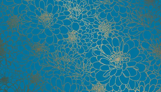 Vector illustration of Golden metallic foiled chrysanthemum flowers on blue teal background