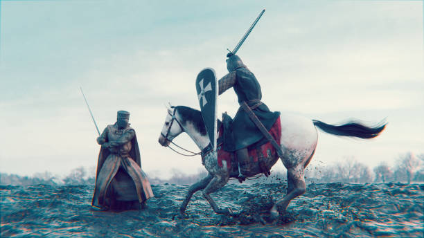 istock Knight rides on war horse and attacks another knight with a sword 1389184803