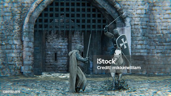 istock Knight on horse attacks figther with sword in front of a castle 1389184819
