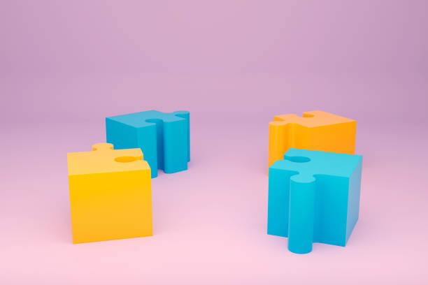 istock Team work concept. 3D jigsaw puzzle pieces yellow, blue and lilac colors. Education courses. Business idea. 3D rendering illustration on lilac background. 1389185498