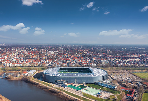 Bremen, Germany - March 2022: Aerial view over Weserstadion, home stadium of 2. Bundesliga football club SV Werder Bremen.