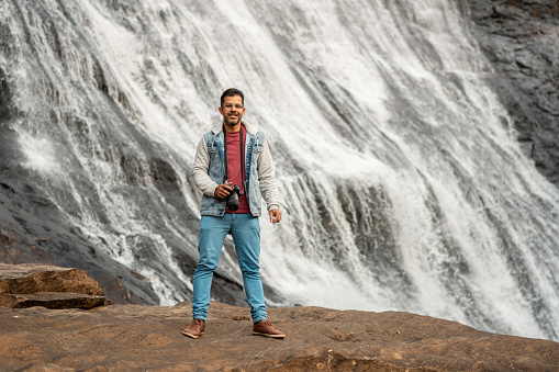 Camera, Man, Waterfall, Exploring, Nature