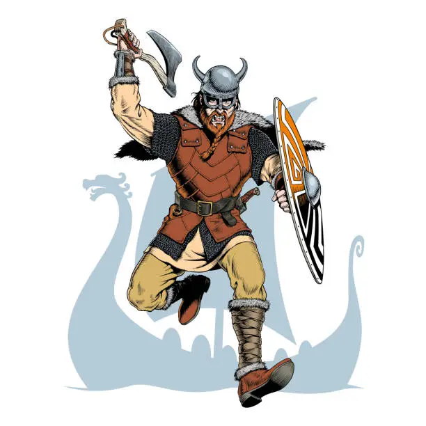 Vector illustration of Viking with axe and shield attacks. Vector illustration.