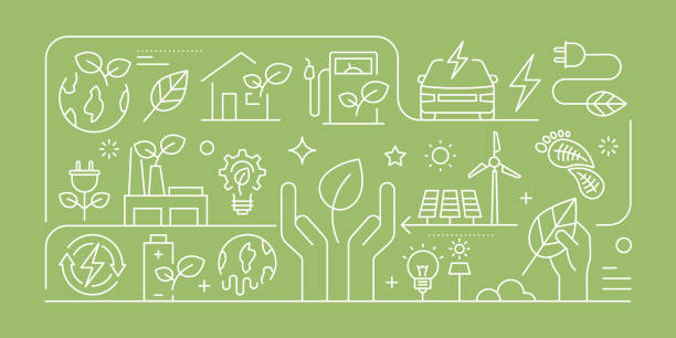 green energy related vector banner design konzept, moderner linienstil mit symbolen - sustainability stock-grafiken, -clipart, -cartoons und -symbole