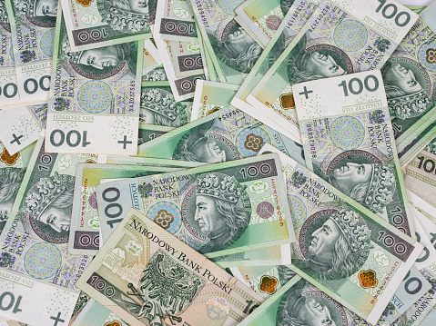 Flat lay view of polish banknotes