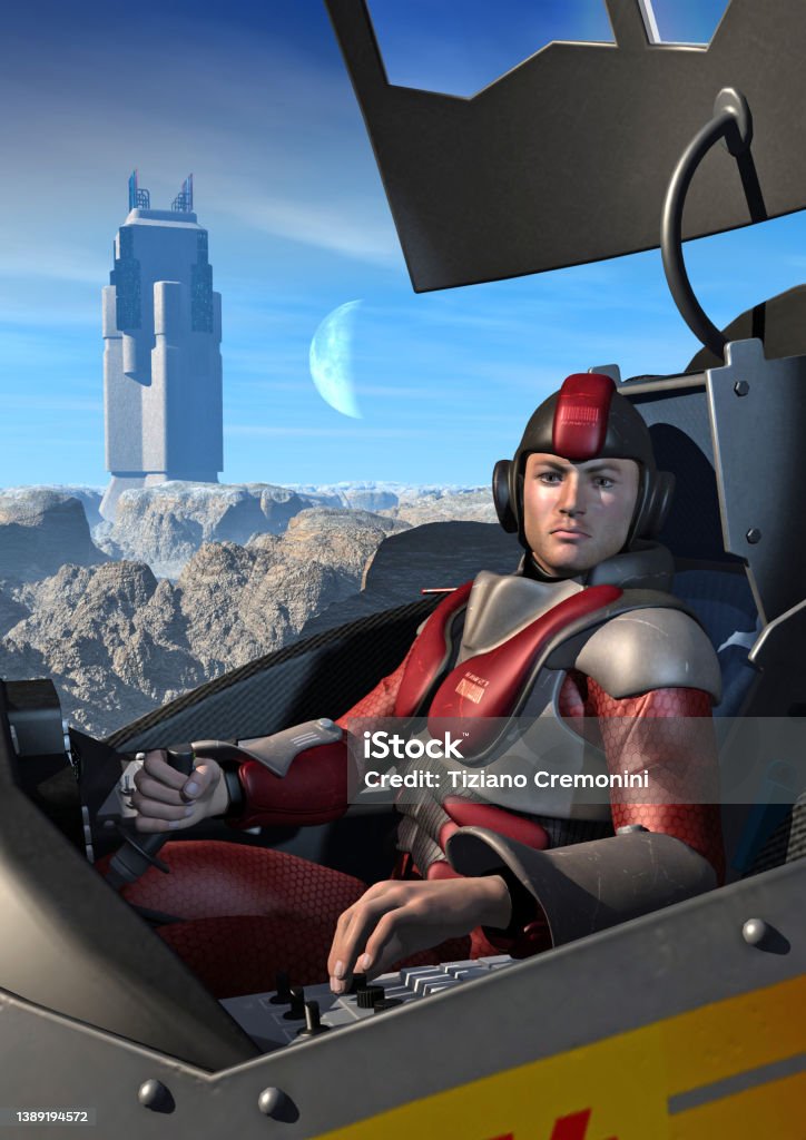Futuristic soldier landed in alien Planet, in the background mountains and tower, 3d illustration Cockpit Stock Photo