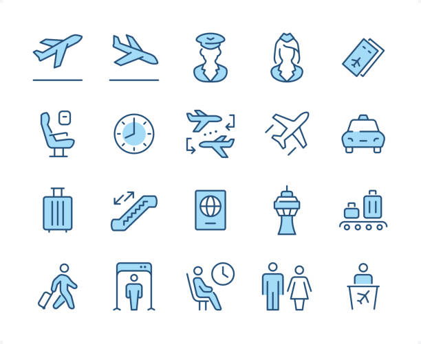 공항 아이콘 집합입니다. 편집 가능한 스트로크 중량. 픽셀 완벽한 이색 아이콘. - vector blue airport arrival departure board stock illustrations