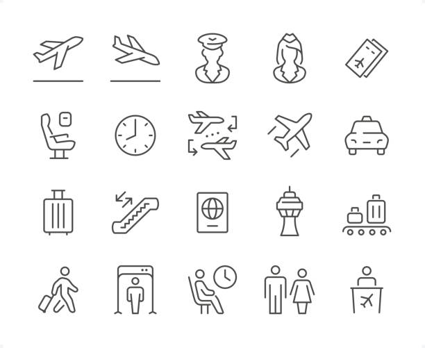 ilustrações de stock, clip art, desenhos animados e ícones de airport icon set. editable stroke weight. pixel perfect icons. - airplane checkin