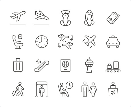 Airport icons set #06

Specification: 20 icons, 64×64 pх, EDITABLE stroke weight! Current stroke 2 px.

Features: Pixel Perfect, Unicolor, Editable weight thin line.

First row of  icons contains:
Leaving Airplane, Departures, Pilot, Air Stewardess, Airplane Tickets;

Second row contains: 
Airplane Seat, Time, Connecting flight, Flying Airplane, Taxi;

Third row contains: 
Luggage, Airport ladder, Passport, Airport Tower, Luggage Tape; 

Fourth row contains: 
Wheeled Luggage, Security Scanner, Airport Lounge, Public Restroom, Airport Check in.

Check out the complete Prolinico collection — https://www.istockphoto.com/collaboration/boards/m2yevS1B7EWOAAxLZcvJhQ