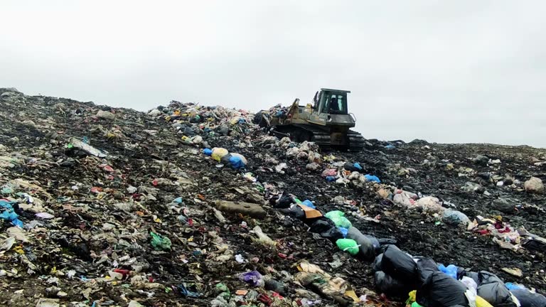 Trucks move trash on a rubbish dump stock video