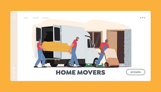 Home Movers Landing Page Template. Relocation or Moving into New House. Worker Characters Push Trolley with Boxes