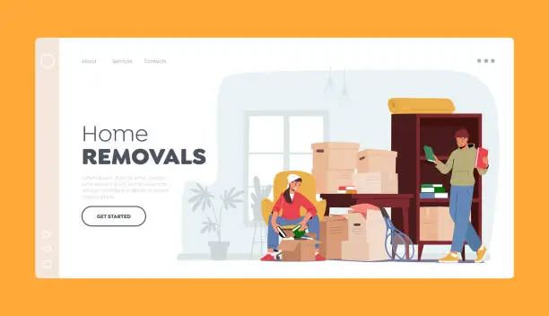 Vector illustration of Home Removals Landing Page Template. Young Couple Characters Moving into New Home, Man and Woman Unpacking Boxes