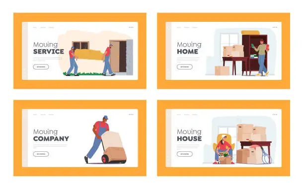Vector illustration of Relocation and Moving to New House Landing Page Template Set. Workers Wear Uniform Carry Boxes and Furniture
