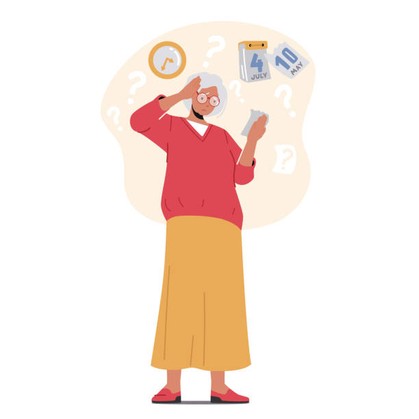 illustrazioni stock, clip art, cartoni animati e icone di tendenza di donna anziana smemorata soffre di malattia di alzheimer o demenza di senilità. personaggio femminile confuso dimentica ora e data - senior adult retirement question mark worried