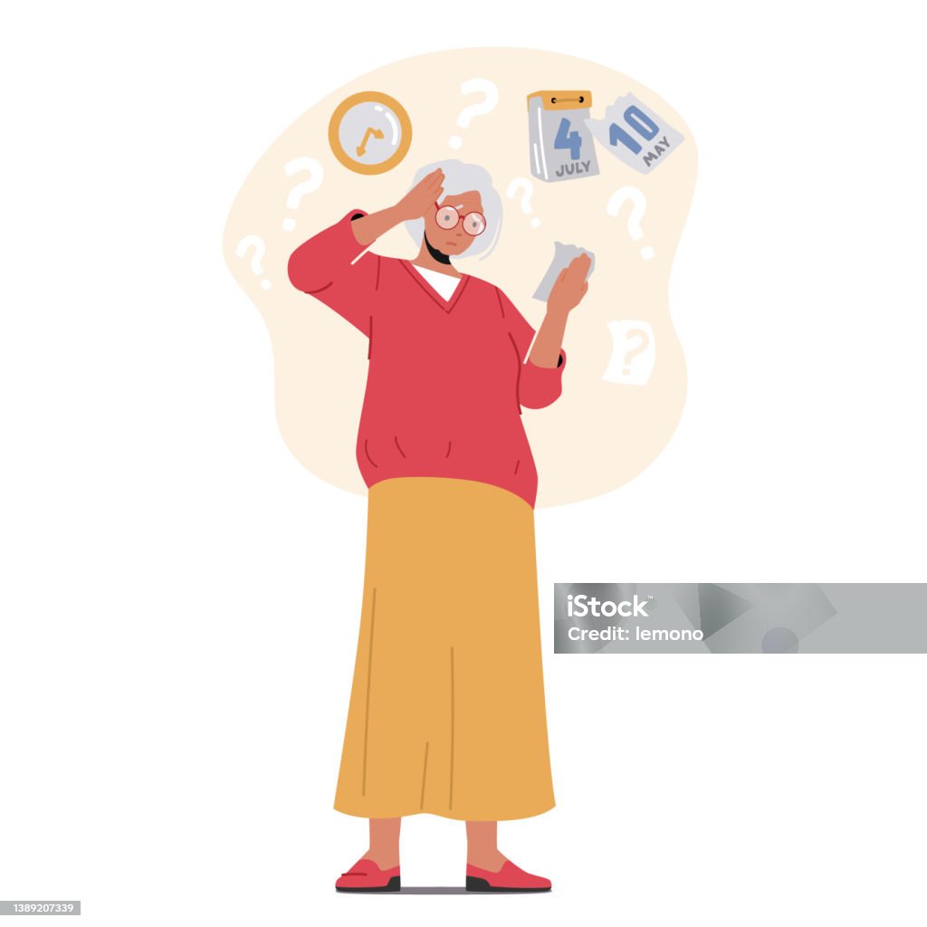 Forgetful Senior Woman Suffer Of Alzheimer Disease Or Senility Dementia  Confused Female Character Forget Time And Date Stock Illustration -  Download Image Now - iStock