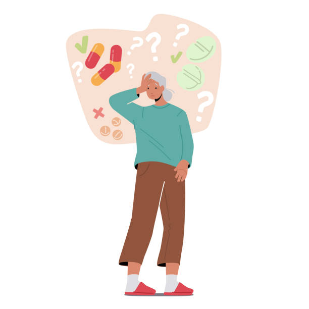 illustrazioni stock, clip art, cartoni animati e icone di tendenza di donna anziana soffre di malattia di alzheimer, lotta con la malattia mentale geriatrica del cervello. personaggio della vecchia nonna - senior adult retirement question mark worried