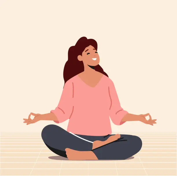 Vector illustration of Harmony, Yoga Meditation in Hall Concept. Woman Meditating in Lotus Pose. Peaceful Female Character Enjoying Relaxation