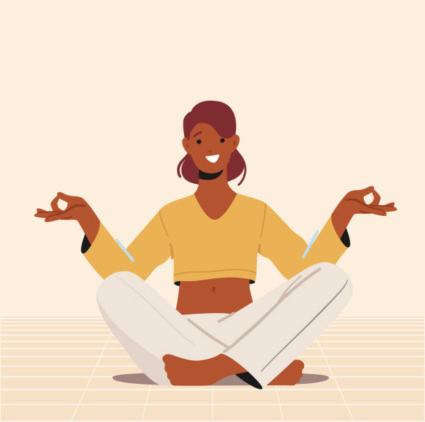 расширение прав и возможностей, здоровый образ жизни, расслабление, баланс или гармония. спокойная женщина практикует медитацию йоги в зал� - yoga women emotional stress praying stock illustrations
