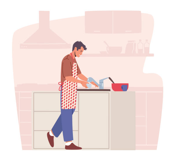 illustrazioni stock, clip art, cartoni animati e icone di tendenza di uomo pulizia utensili da cucina, attività domestiche, faccende domestiche e compiti di igiene, processo sanitario di lavaggio delle stoviglie - stereotypical housewife