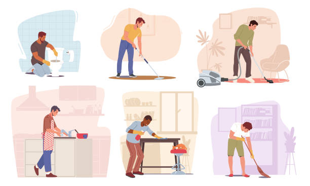 illustrazioni stock, clip art, cartoni animati e icone di tendenza di set di attività domestiche, pulizia dell'uomo, spazzamento e aspirazione del pavimento, pulizia dei mobili con spolverino, lavaggio dei piatti - cleaning house cleaner home interior