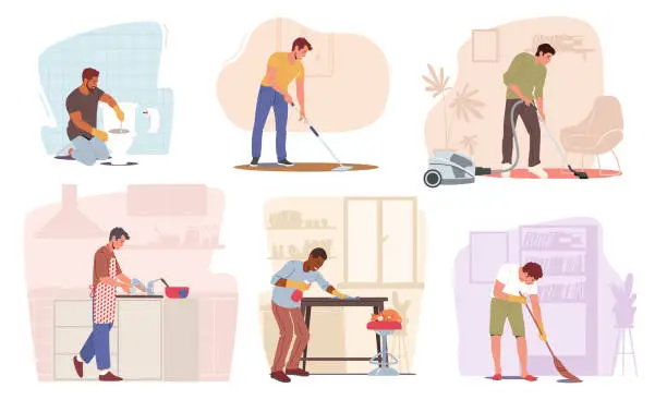 Vector illustration of Set of Household Activities, Man Mopping, Sweeping and Vacuuming Floor, Cleaning Furniture with Duster, Washing Dishes