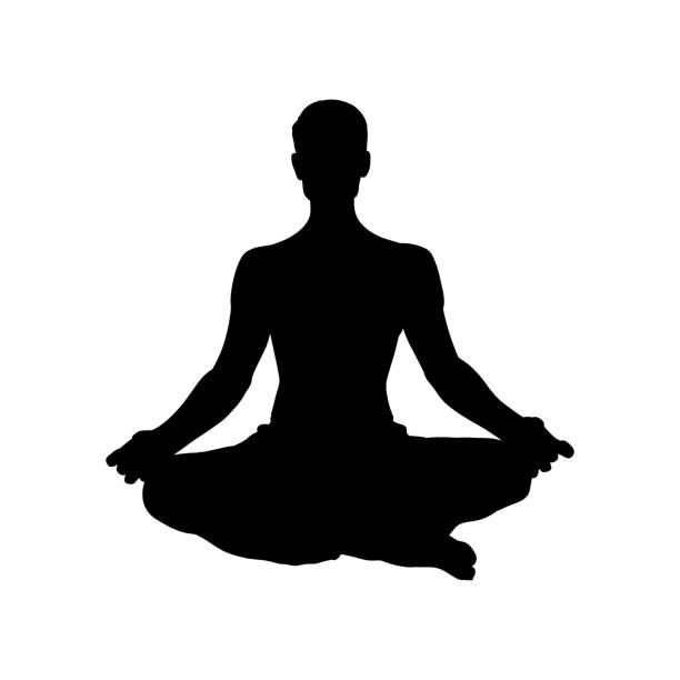 Meditating man in siddhasana. Yoga meditation silhouette for body relax and spirit harmony. Vector illustration Meditating man in siddhasana. Yoga meditation silhouette for body relax and spirit harmony. Vector illustration isolated on white background silhouette lounge stock illustrations