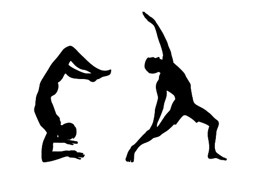 Yoga peaceful warrior asana and handstand scorpion pose. Man practicing yoga asana. Vector illustration isolated in white background