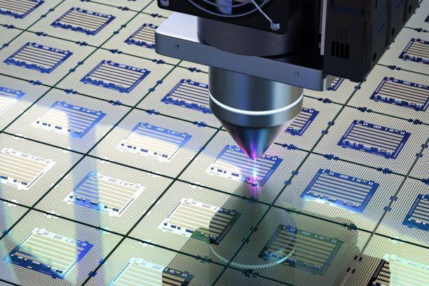 Robotic arms with silicon wafers for semiconductor manufacturing stock photo