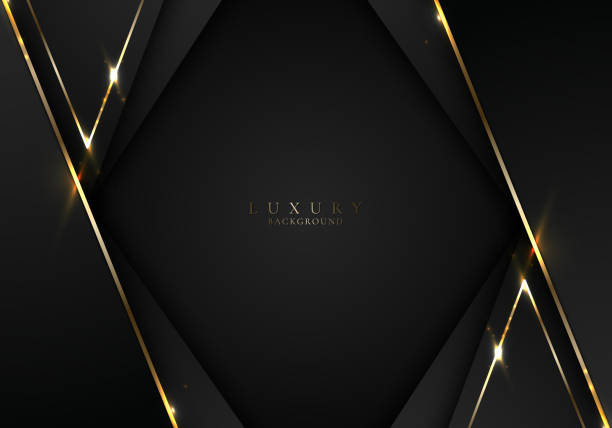 istock Banner web elegant 3D abstract black stripes shapes with lighting shiny golden diagonal lines on dark background 1389219135