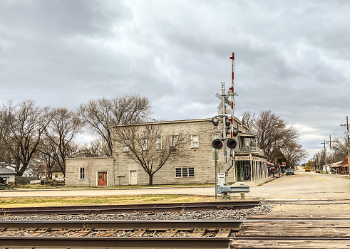 A small town in Kansas still shows its charm. Once a railroad stop, the railroad still passes through this turn of the century community.