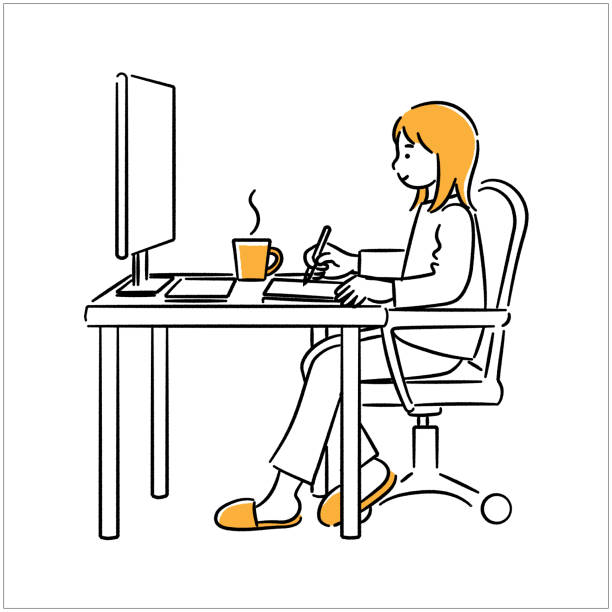 иллюстрация всего тела женщины, работающей над вкладкой пера - pc adult student laptop computer stock illustrations