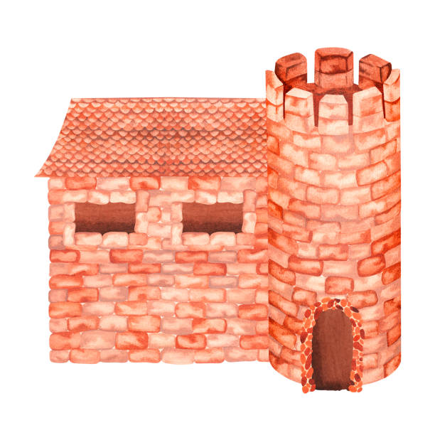 Brick castle. Watercolor illustration. Isolated on a white background. For design Brick castle with an observation tower. Watercolor illustration. Isolated on a white background. For your design of nursery interior items, stationery, book covers, illustrations of fairy tales. fairy door fairy tale antique stock illustrations