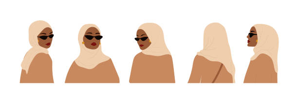 stockillustraties, clipart, cartoons en iconen met set of abstract muslim women in hijab. faceless female portraits in sunglasses. minimalist vector illustration in flat style. design elements for international womens day and mothers day - hoofddoek