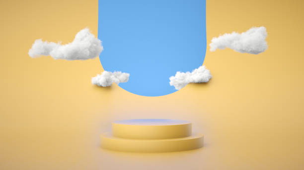 istock Yellow podium with cloud on yellow background with blue sky. Product display stand. 3d rendering. 1389240045