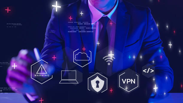 istock Businessman and security payment protection, VPN Virtual Private Network, cybersecurity internet privacy technology computer cyber crime scam virus attack protection, identity privacy data hacking antivirus shield. 1389241031