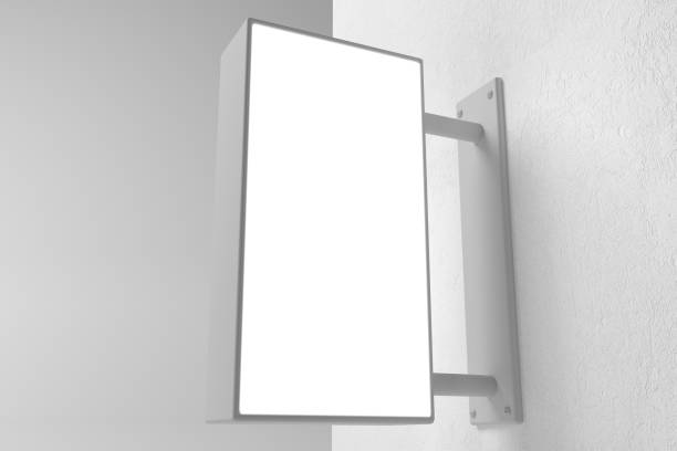 istock 3D rendering of a hanging white vertical wall sign, square billboard, signboard on a gray background 1389241934