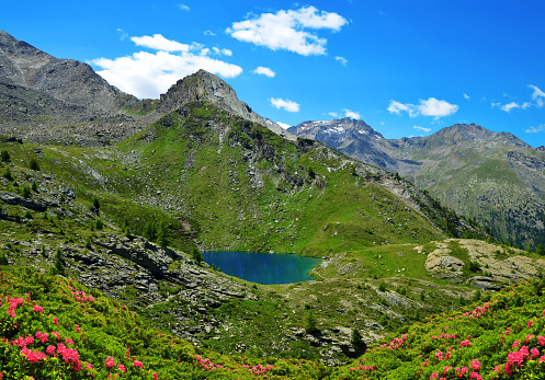 Mountain lake Lago di Loie in National park Gran Paradiso, Lillaz, Cogne, Aosta valley, Italy. Summer landscape in the Alps.