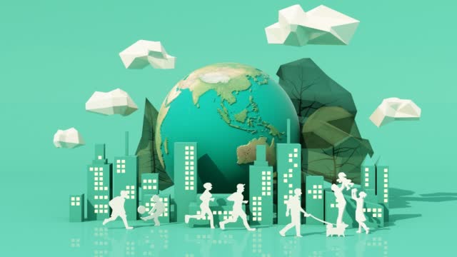 innovative Poster Or Banner Of World Environment Day with low poly tree and cloud and building city park on the floor and paper people with globe earth on green background 3d rendering illustration