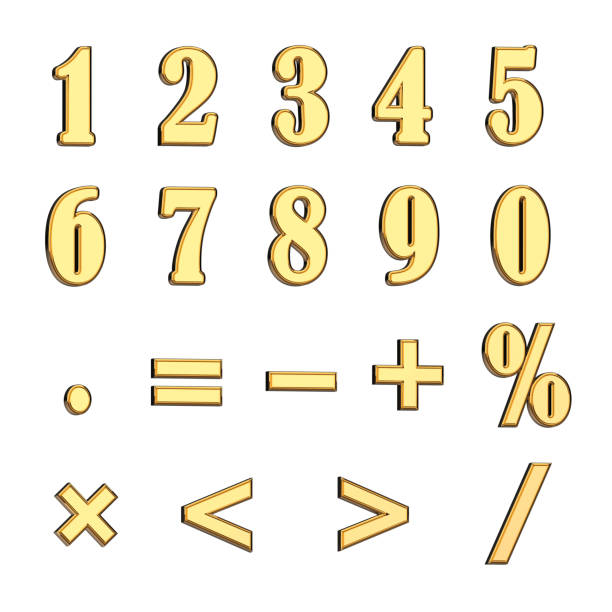 ilustracja 3d liczb z symbolami procentowymi, plus, równymi, wykrzyknikami, znakami zapytania i kropkami - number 4 gold number three dimensional shape zdjęcia i obrazy z banku zdjęć