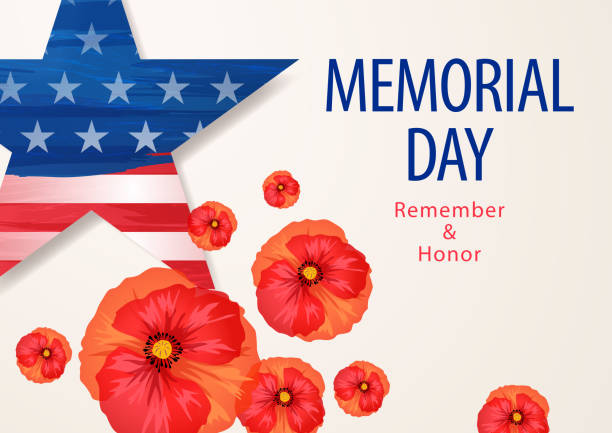 Memorial Day US Star and Poppies Celebrating the American Memorial Day and honoring who served in the US military with American flag in star shape bunch of poppies memorial day art stock illustrations