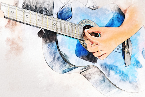 Abstract woman playing acoustic guitar on walking street on watercolor illustration painting background.