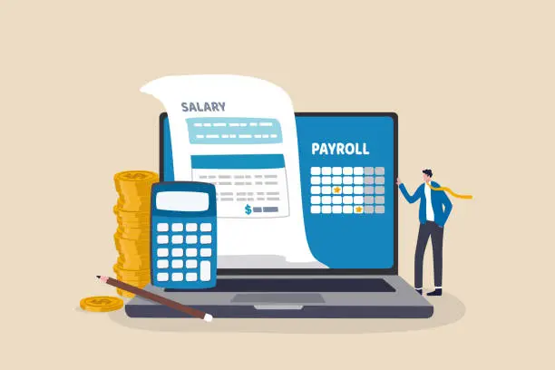 Vector illustration of Salary payroll system, online income calculate and automatic payment, office accounting administrative or calendar pay date, employee wages concept, businessman standing with online payroll computer.