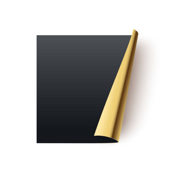 istock Black paper sticker vector illustration. Realistic 3d curl page with golden rolled corner of square shape, decoration element with shadow isolated on white background. 1389257058